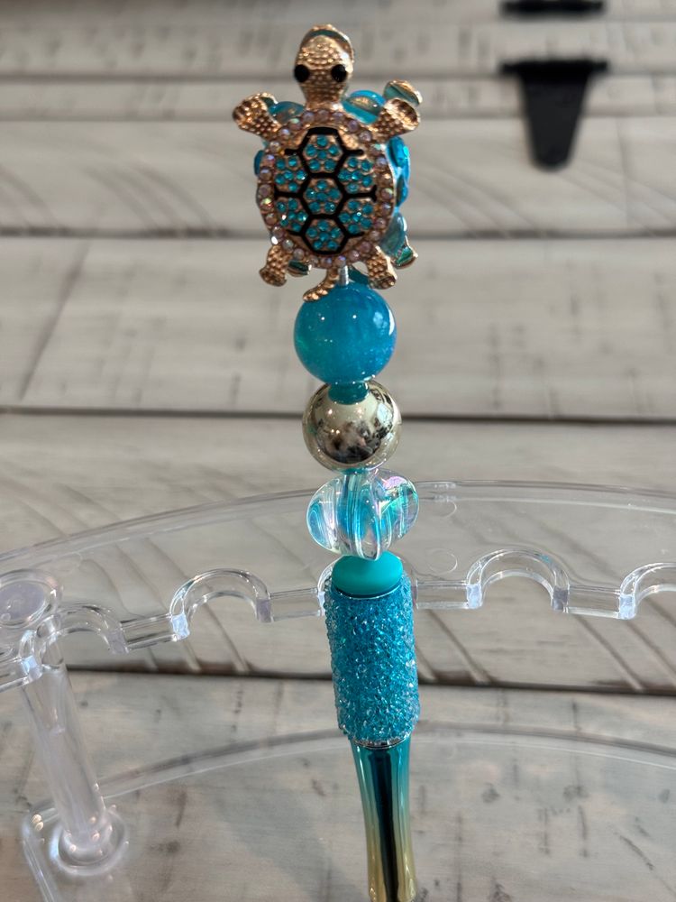 Cute blue rhinestone turtle beaded pen